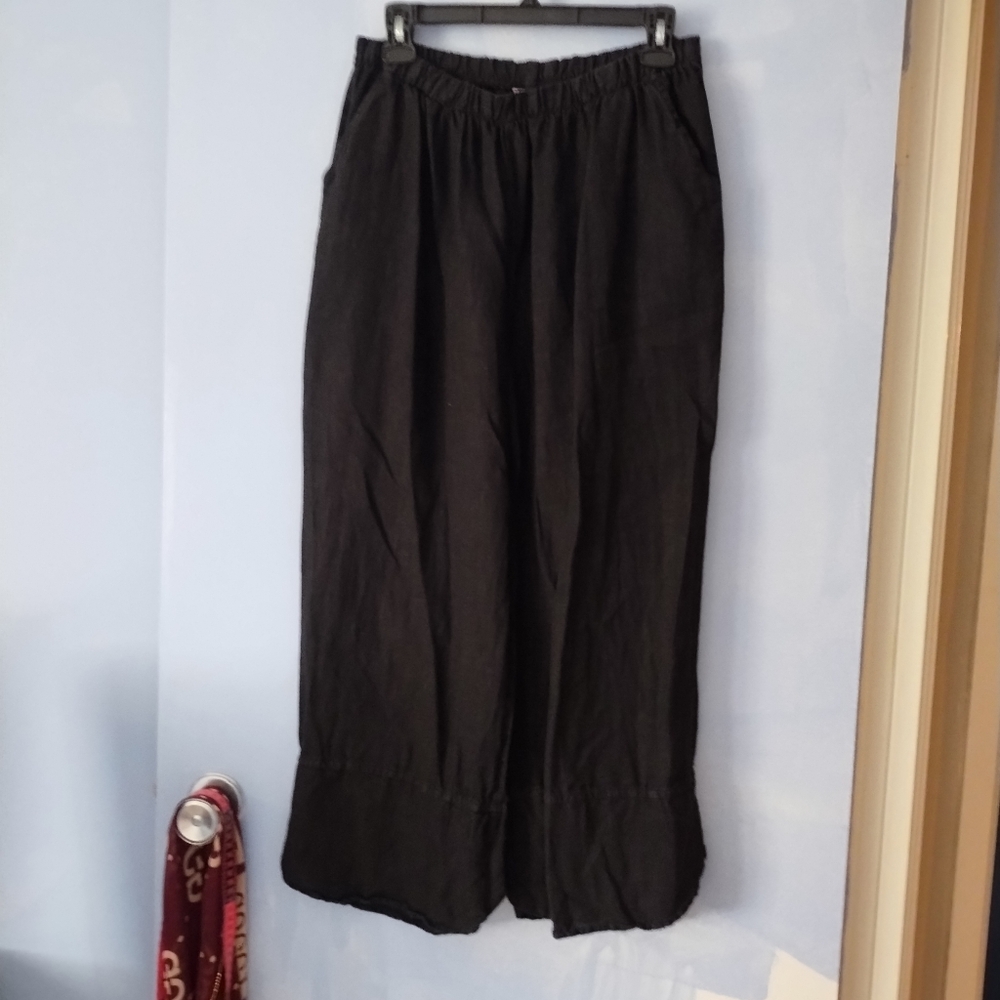 Match Point 100% Linen Black Button Hem Pants L